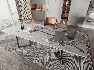 Modern Home Office Marble Desk With Metal Frame MacBook Mouse Brown Chair And Window View 3d model