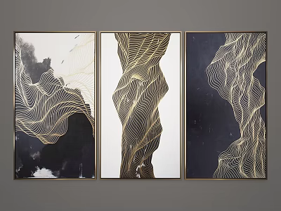 Abstract Paintings With Golden Curved Lines On Black Background Three Panel Artwork 3d model