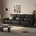Modern Living Room Black Leather Three Seater Sofa with Plaid Cushion Wall Art Floor Lamp