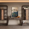 Traditional Chinese Wooden Bogu Shelf with Console Table Decorative Vase Fruits and Wall Painting