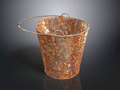 Rusted Metal Bucket With Textured Surface And Metal Handle On Dark Background 3d model