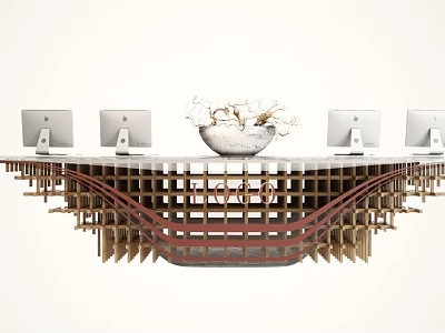 Modern Reception Desk Design With Computers And Decorative Centerpiece On Wooden Base 3d model