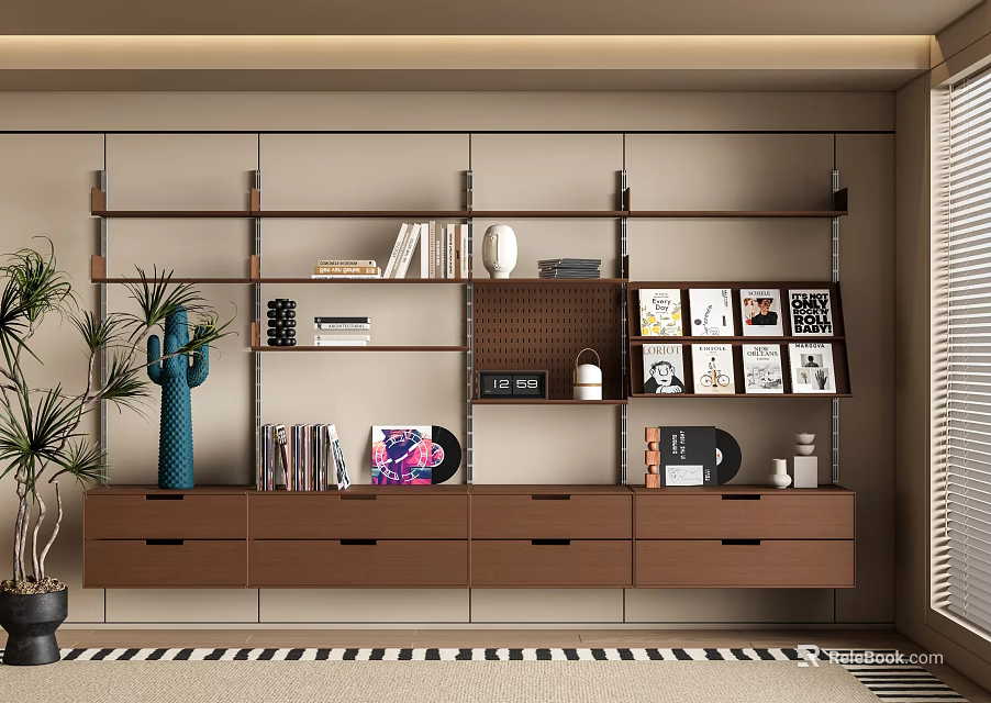 Modern Bookcase Design With Multiple Shelves Drawers Books Artworks And Decorative Items 3d model 