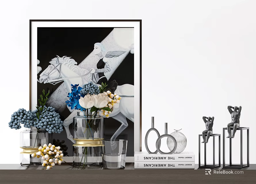Ornamental Decor Set With Glass Vases Flower Bouquets Figurines And Books On Tabletop 3d model 