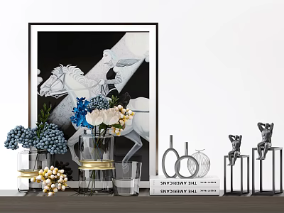 Ornamental Decor Set With Glass Vases Flower Bouquets Figurines And Books On Tabletop 3d model