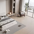Modern Bedroom Interior With Double Bed Gray Bedding Rug Wooden Floor And Wall Art