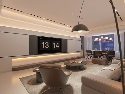 Modern Minimalist Living And Dining Room With Smart TV And Warm Ambient Home Interior Design 3d model