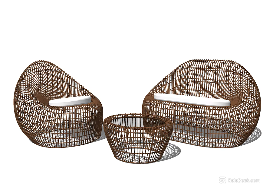 Outdoor Sofa Woven Rattan Brown Set With Two Chairs And Coffee Table 3d model 