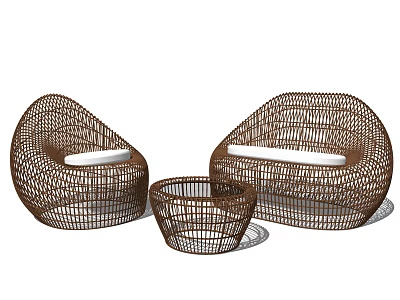 Outdoor Sofa Woven Rattan Brown Set With Two Chairs And Coffee Table 3d model
