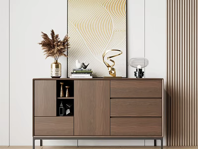 Stylish Modern Console Sideboard Cabinet With Dried Plant Vase Books Sculpture Lamp And Abstract Painting 3d model