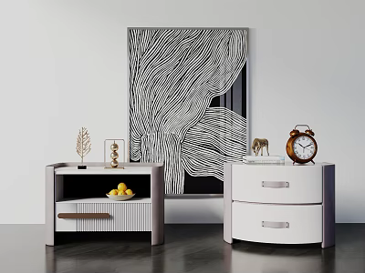 Modern Bedside Tables With Light Gray Open Shelf White Drawer And Fruit Alarm Clock Decorative Items 3d model