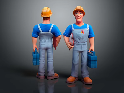 Cartoon Worker Characters in Yellow Hard Hats Blue Shirts and Gray Overalls Holding Blue Toolboxes 3d model