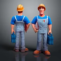 Cartoon Worker Characters in Yellow Hard Hats Blue Shirts and Gray Overalls Holding Blue Toolboxes