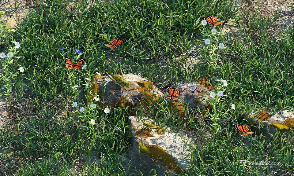 Vibrant Orange Butterflies Flying Over Green Grass With Rocks And White Flowers 3d model 