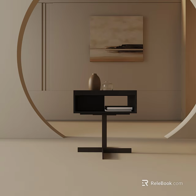 Modern Black Side Table with Open Storage and Decorative Vase in Minimalist Room with Painting 3d model 