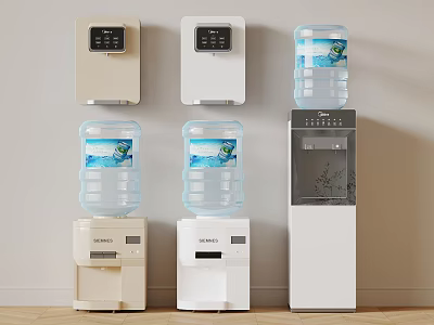 Various Types Of Daily Use Water Dispensers Including Wall Mounted And Freestanding In White Beige 3d model