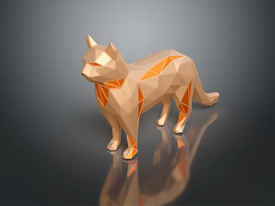Geometric Cat Sculpture In Light Brown With Orange Accents On Black Reflective Surface 3d model