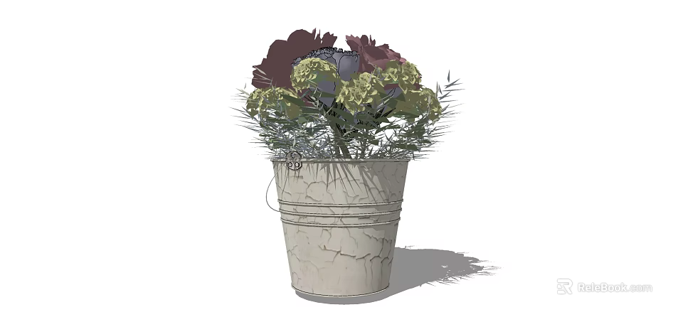 Potted Plant With Cracked Texture Bucket Planter And Purple Green Flowers 3d model 