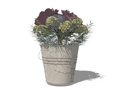 Potted Plant With Cracked Texture Bucket Planter And Purple Green Flowers 3d model