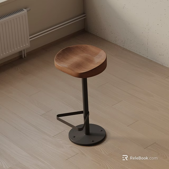 Modern Minimalist Bar Stool With Wooden Round Seat And Metal Base 3d model 