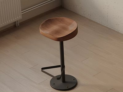 Modern Minimalist Bar Stool With Wooden Round Seat And Metal Base 3d model