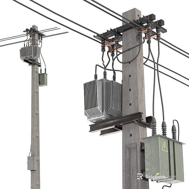 Roadside Electrical Facilities Featuring Wooden Utility Poles Transformers and Power Lines 3d model 