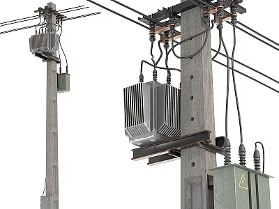 Roadside Electrical Facilities Featuring Wooden Utility Poles Transformers and Power Lines 3d model