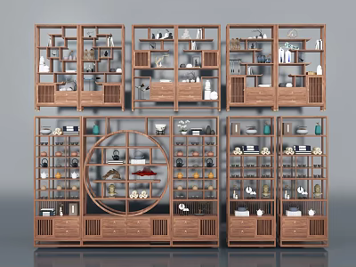 Traditional Wooden Bogu Shelf Units With Layered Compartments Storage Drawers And Ornaments 3d model