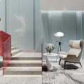 Contemporary Staircase Interior With Golden Spiral Chandelier Glass Wall Armchair And Potted Plant