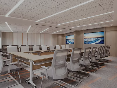 Modern Conference Room With Long Table Chairs Ceiling Light Strips And Wall TVs Displaying Seascape 3d model