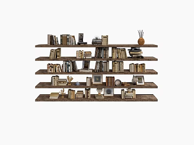 Rustic Wooden Shelving Unit With Multiple Layers Of Books Photo Frames And Decorative Items 3d model