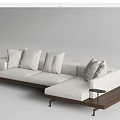 White Sectional Sofa With Plush Cushions And Wooden Base Side Table 3d model