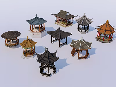 Chinese Traditional Pavilions With Various Roof Styles And Classic Designs 3d model
