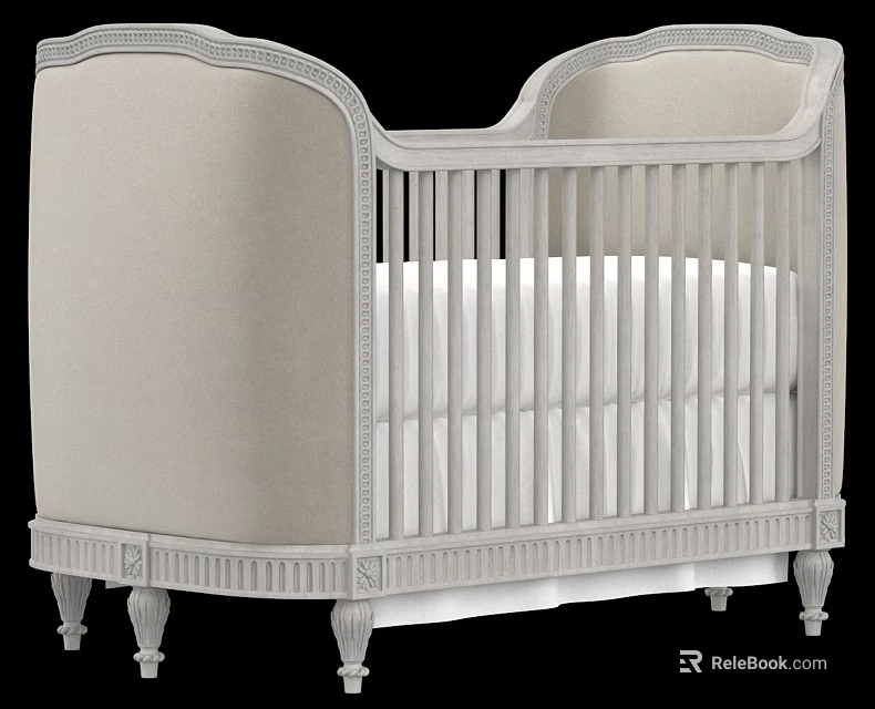 Elegant White Baby Crib With Curved Headboard Carved Spindle Rails And Decorative Legs 3d model 