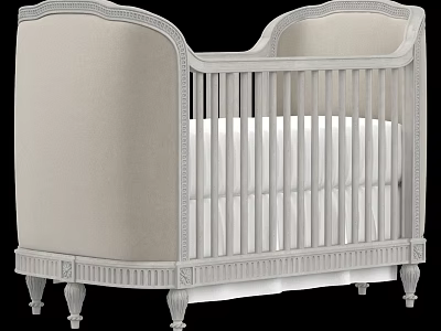 Elegant White Baby Crib With Curved Headboard Carved Spindle Rails And Decorative Legs 3d model