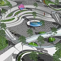 Commercial Landscape Design With Curved Pathways Green Lawns Geometric Structures And Trees