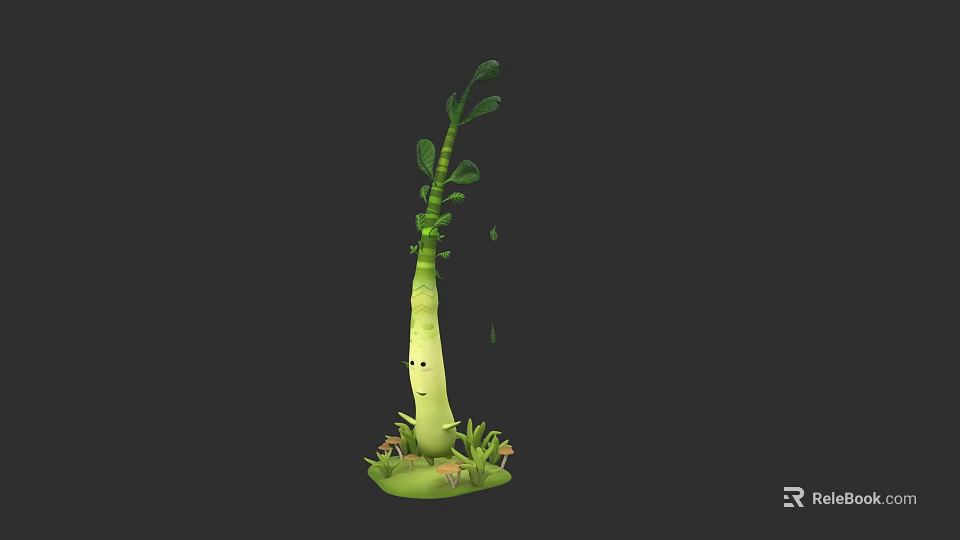 Cartoon Plant Character With Face And Green Stem Surrounded By Grass And Small Plants 3d model 