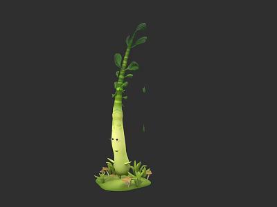 Cartoon Plant Character With Face And Green Stem Surrounded By Grass And Small Plants 3d model