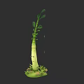 Cartoon Plant Character With Face And Green Stem Surrounded By Grass And Small Plants