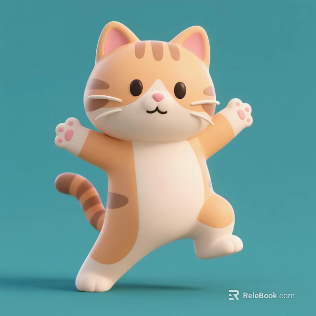 Cute Orange And White Cartoon Cat With Striped Tail Raised Paws And Blue Background 3d model 