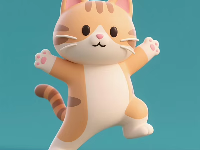 Cute Orange And White Cartoon Cat With Striped Tail Raised Paws And Blue Background 3d model