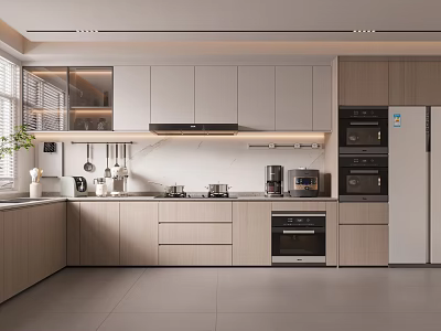 Modern Open Kitchen Interior Design With Cabinets Countertop Appliances And Utensils 3d model