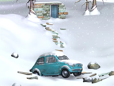 Blue Snow Covered Car In Winter Scene With Stones Wooden Logs And Stone House 3d model