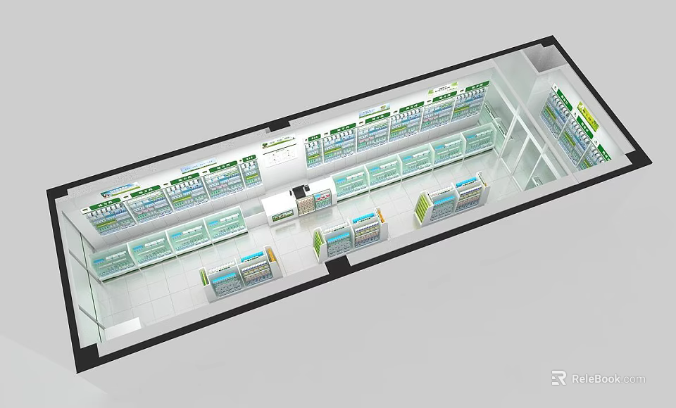 Organized Pharmacy Interior With Medicine Shelves And Display Counters 3d model 