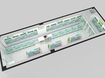 Organized Pharmacy Interior With Medicine Shelves And Display Counters 3d model