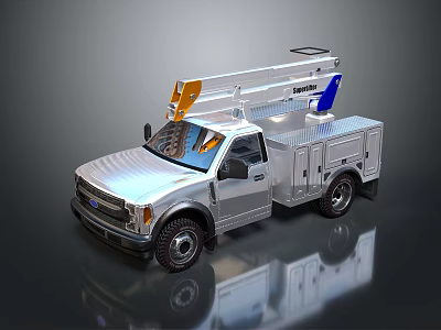 Ford Silver Utility Truck With Aerial Lift Platform And Service Body 3d model