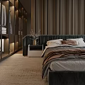 Elegant Modern Bedroom Interior Design With Dark Upholstered Headboard Round Pendant Light And Walk in Closet