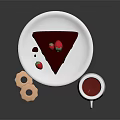 Strawberry Cake with Red Frosting and Strawberries on White Plate with Red Drink and Cookie