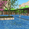 Tranquil Garden Landscape with Blue Pool and Pink Flowering Trees Near High Rise Buildings