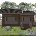 Traditional Wooden Villa With Black Tiled Roof Large Windows Balcony Staircase And Stone Path